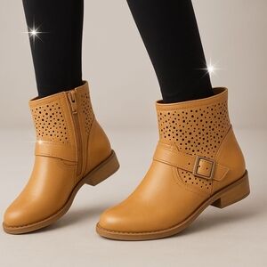 Fabkids ✦ Buckle Booties ✦ Tan Faux Suede w/ Floral Cutouts & Zip Ankle Support